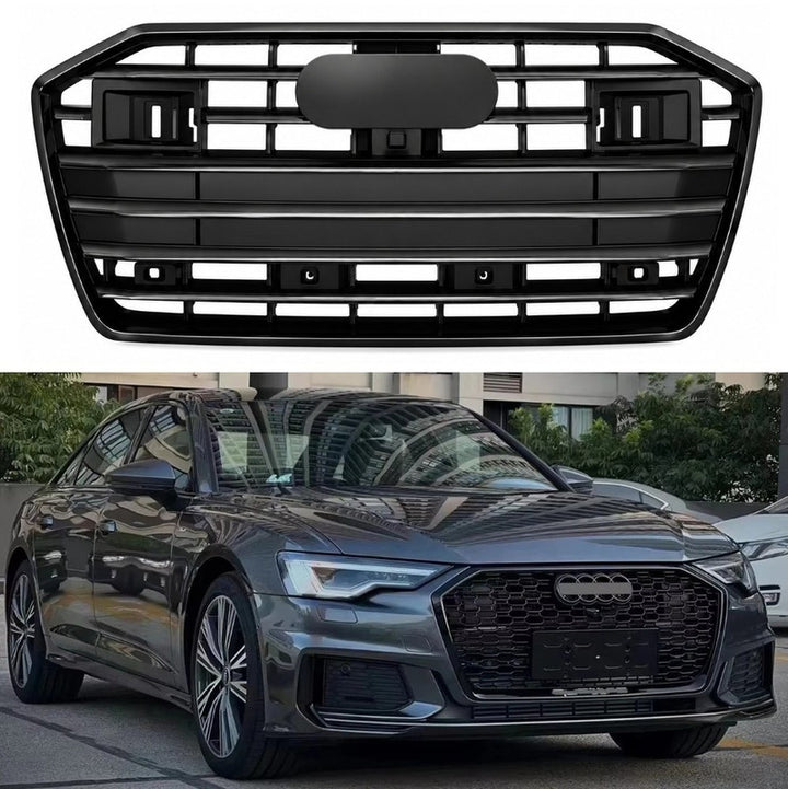Car Craft Compatible With Audi A6 C8 2019-2025 Upgraded Front Bumper Show Grill Rs6 S6 Rs Sport Matte Black Frame Black Strip With Acc All Logo Silver License Plate Eu Version A6-025 Gc CC-11307