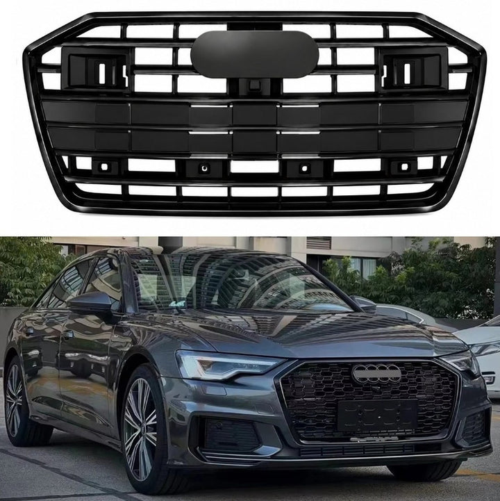 Car Craft Compatible With Audi A6 C8 2019-2025 Upgraded Front Bumper Show Grill Rs6 S6 Rs Sport Glossy Black Frame Black Strip With Acc All Logo Silver License Plate Eu Version A6-026 Gc CC-11308