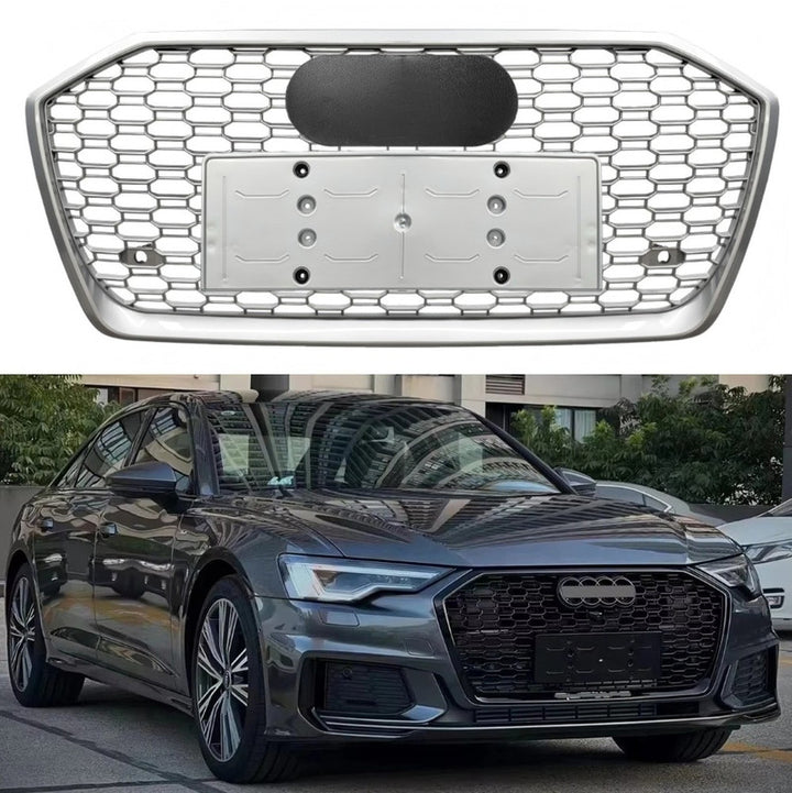 Car Craft Compatible With Audi A6 C8 2019-2025 Upgraded Front Bumper Show Grill Rs6 S6 Rs Sport Silver Frame Silver Mesh All Logo Silver License Plate Eu Version A6-121 Gc CC-11301