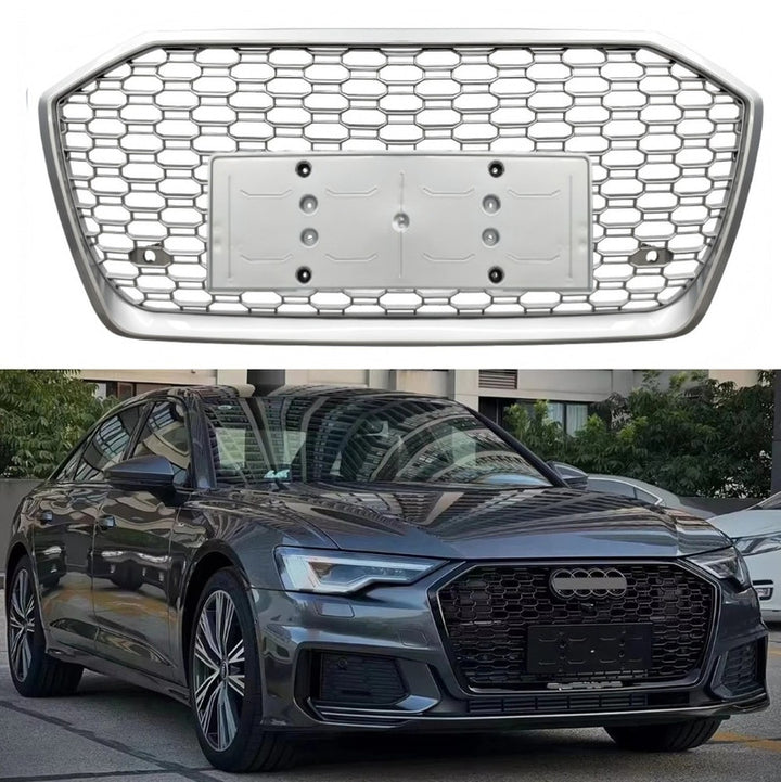 Car Craft Compatible With Audi A6 C8 2019-2025 Upgraded Front Bumper Show Grill Rs6 S6 Rs Sport Silver Frame Silver Mesh No Logo License Plate Eu Version A6-122 Gc CC-11304