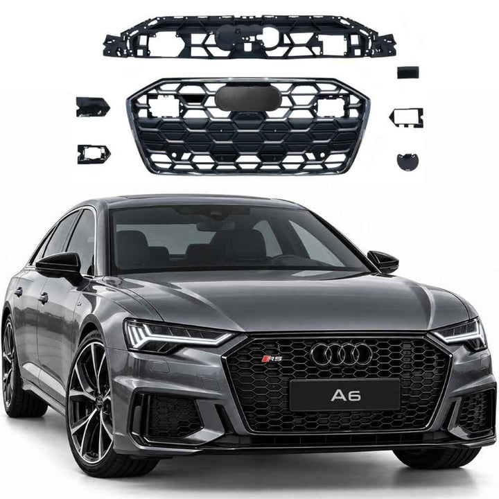 Car Craft Compatible With Audi A6 C8 2019-2025 Upgraded Front Bumper Show Grill Rs6 S6 Rs Sport Electroplating Frame Silver Strip All Logo Silver License Plate Eu Version A6-098 Gc