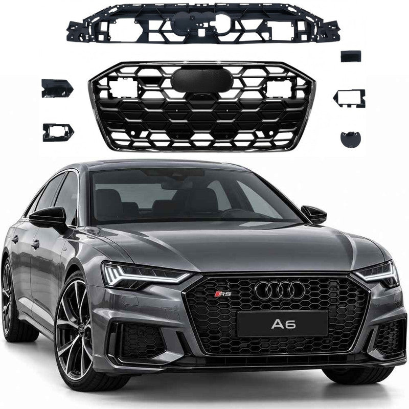 Car Craft Compatible With Audi A6 C8 2019-2025 Upgraded Front Bumper Show Grill Rs6 S6 Rs Sport Electroplating Frame Silver Strip All Logo Silver License Plate Eu Version A6-099 Gc