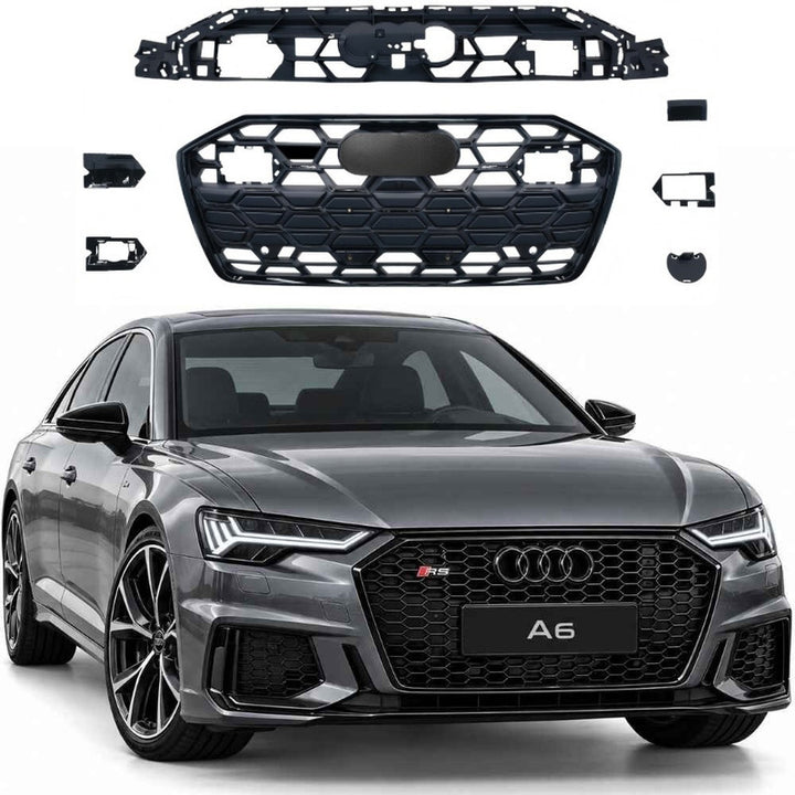 Car Craft Compatible With Audi A6 C8 2019-2025 Upgraded Front Bumper Show Grill Rs6 S6 Rs Sport Electroplating Frame Black Strip All Logo Silver License Plate Eu Version A6-100 Gc