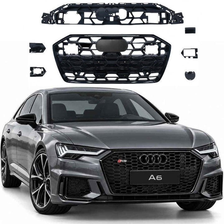Car Craft Compatible With Audi A6 C8 2019-2025 Upgraded Front Bumper Show Grill Rs6 S6 Rs Sport Electroplating Frame Black Strip All Logo Silver License Plate Eu Version A6-101 Gc