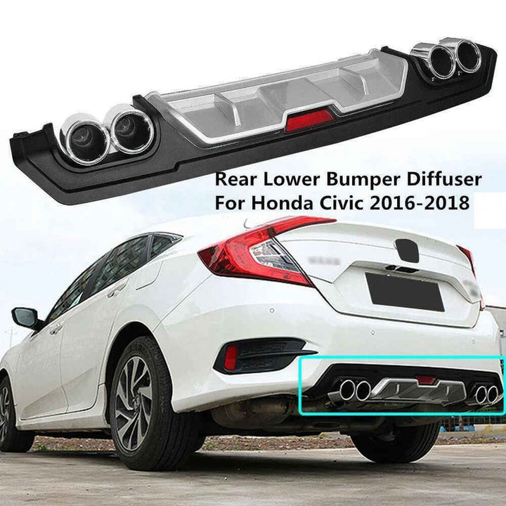 Car Craft Compatible With Honda Civic 2016-20219 Rear After Bumper Lip Diffuser Skirt Splitter Trim F1 Led Light Black Silver Model B