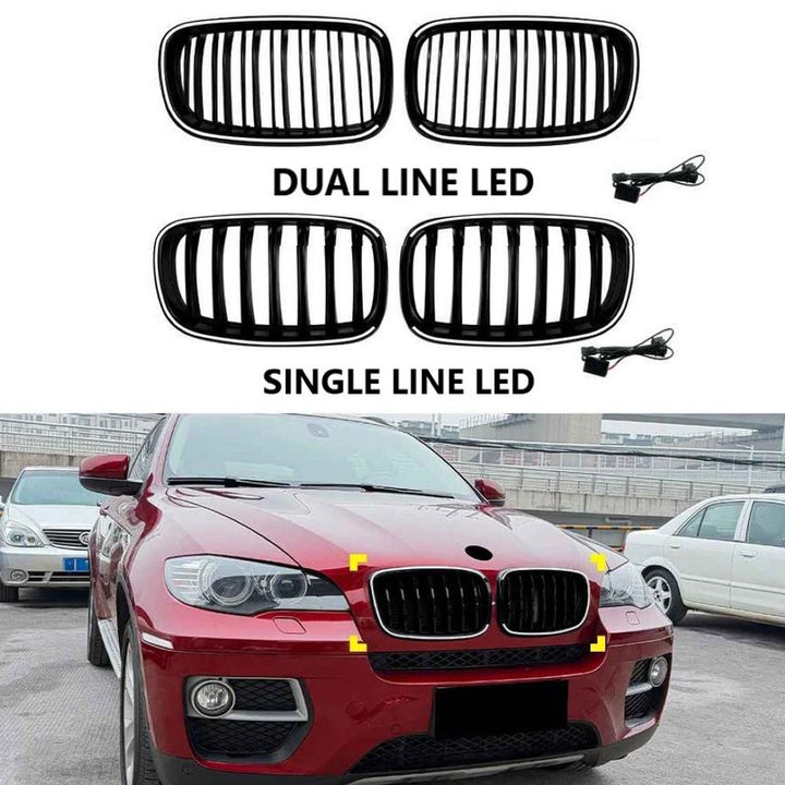 Car Craft Compatible With Bmw X5 E70 X6 E71 2006-2013 Front Bumper Show Gril Glossy Black Single Line With Led Light