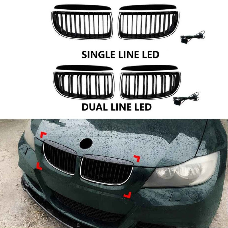 Car Craft Compatible With Bmw 3 Series E90 E91 Pre-facelift 2005-2008 Front Bumper Show Gril Glossy Black Dual Line With Led Light