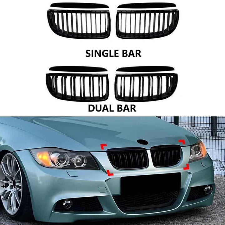 Car Craft Compatible With Bmw 3 Series E90 E91 Pre-facelift 2005-2008 Front Bumper Show Gril Glossy Black Dual Line