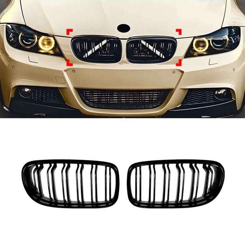 Car Craft Compatible With Bmw 3 Series E90 Lci 2009-2012 Front Bumper Show Mesh Grill Dual Double Line Bar Zst-1360 Gb Glossy Black - CAR CRAFT INDIA