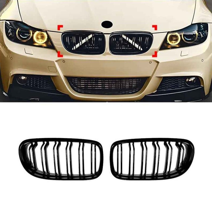 Car Craft Compatible With Bmw 3 Series E90 Lci 2009-2012 Front Bumper Show Mesh Grill Dual Double Line Bar Zst-1360 Gb Glossy Black - CAR CRAFT INDIA