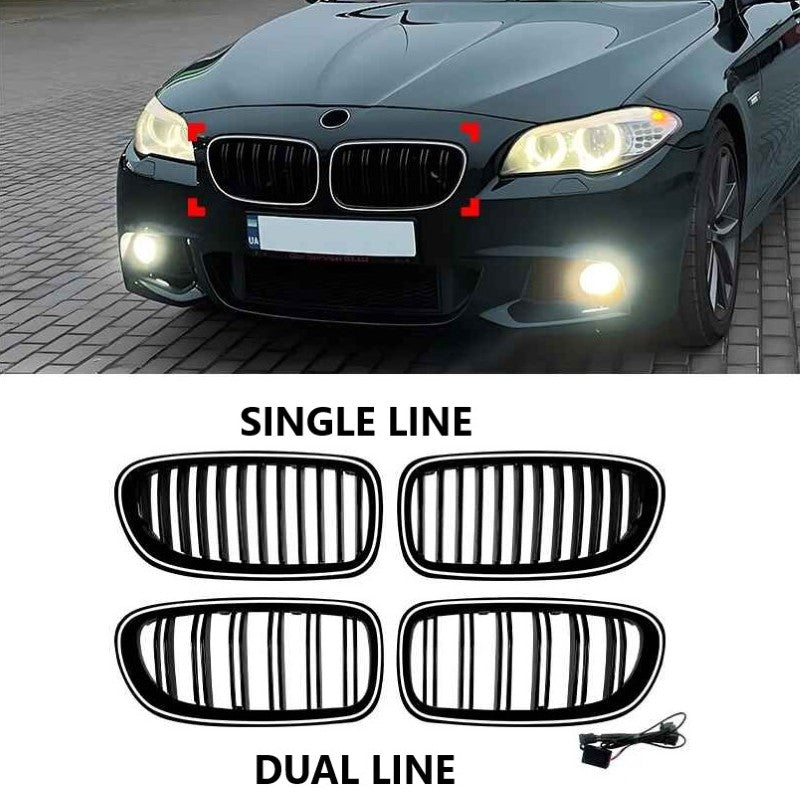Car Craft Compatible With Bmw 5 Series F10 2010-2017 Front Bumper Show Mesh Grill Dual Line Bar Illuminated Led Light Zst-1426 Led Dual Glossy Black - CAR CRAFT INDIA