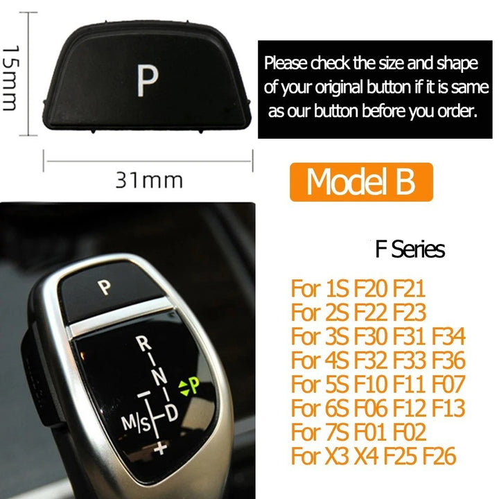 Car Craft Compatible With Bmw 1 2 3 4 5 6 7 Series F20 F30 F34 F10 F07 F06 F12 F01 F02 X3 X4 F25 F26 X5 X6 F15 F16 Gear Shift Lever Auto Parking Switch Letter P Button Cover Model B Black