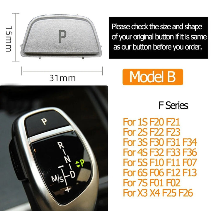 Car Craft Compatible With Bmw 1 2 3 4 5 6 7 Series F20 F30 F34 F10 F07 F06 F12 F01 F02 X3 X4 F25 F26 X5 X6 F15 F16 Gear Shift Lever Auto Parking Switch Letter P Button Cover Model B Silver