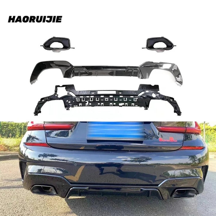 Car Craft Compatible With Bmw 3 Series G20 G28 2019-2022 M340 M330 M Sport M Performance Mp M Tech Bumper Rear After Lip Diffuser Skirt Trim Lip Square With Exhaust Tip Pipe Gc G20/28-006