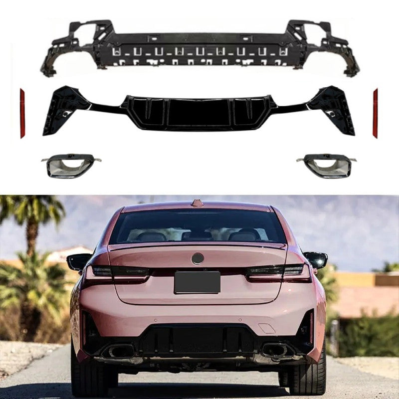 Car Craft Compatible With Bmw 3 Series G20 LCI 2023+ Upgrade Facelift Convert To M Performance M Sport M Tech M-tech Bodykit Rear After Bumper Lip Splitter Skirt Diffuser With Exhaust Tip Pipe Gc G20-038 Glossy Black