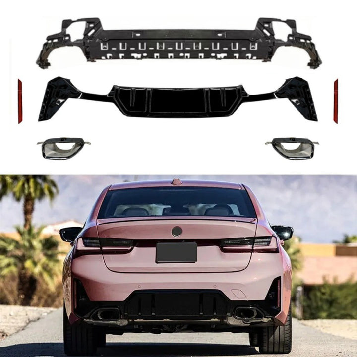 Car Craft Compatible With Bmw 3 Series G20 LCI 2023+ Upgrade Facelift Convert To M Performance M Sport M Tech M-tech Bodykit Rear After Bumper Lip Splitter Skirt Diffuser With Exhaust Tip Pipe Gc G20-038 Glossy Black
