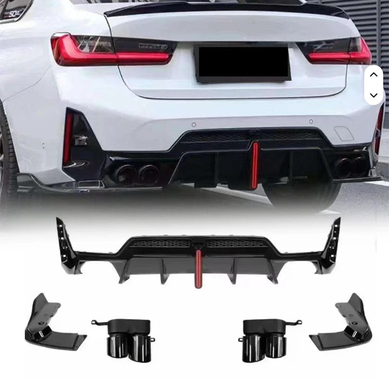 Car Craft Compatible With Bmw 3 Series G20 G28 Lci 2023+ M Sport Rear After Bumper Lip Splitter Skirts With Led Light Diffuser With Exhaust Pipe Tip Glossy Black - CAR CRAFT INDIA