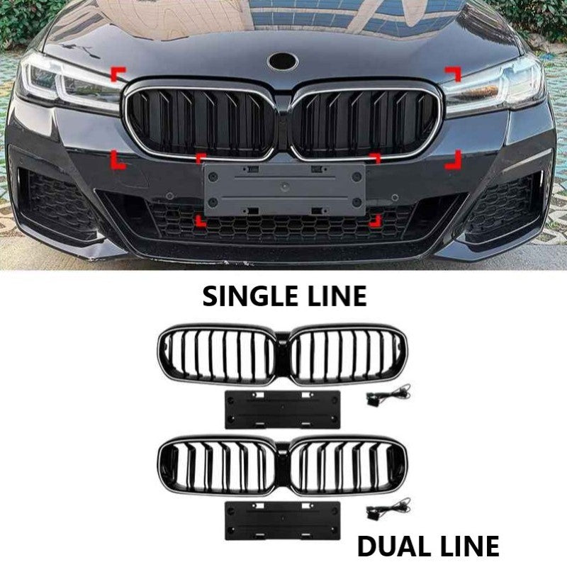 Car Craft Compatible With Bmw 5 Series G30 Lci 2021-2024 Front Bumper Show Mesh Grill Dual Line Bar Illuminated Led Light Zst-1464 Led Dual Glossy Black - CAR CRAFT INDIA