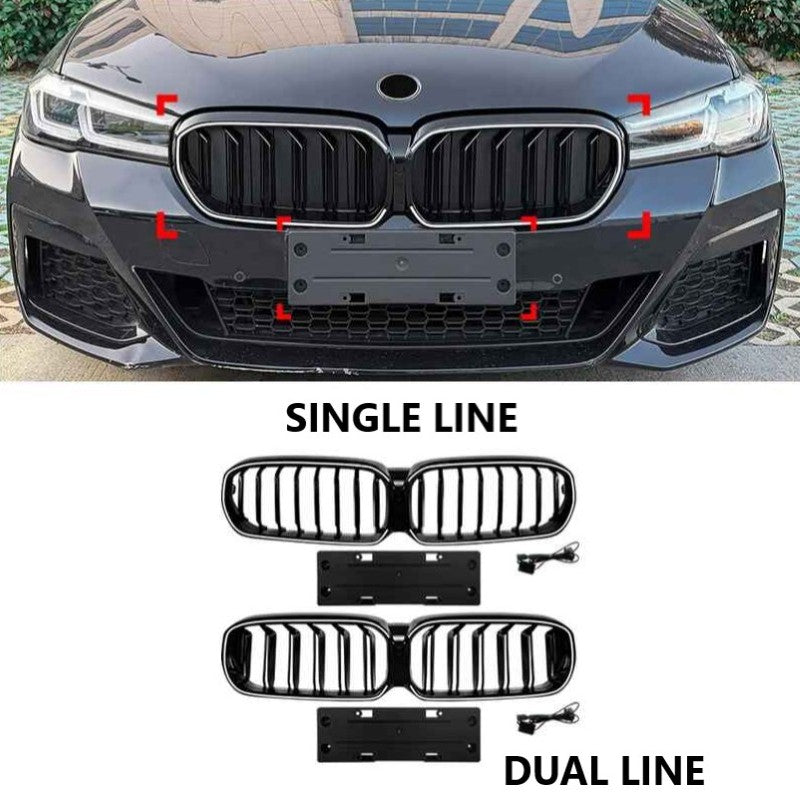 Car Craft Compatible With Bmw 5 Series G30 Lci 2021-2024 Front Bumper Show Mesh Grill Single Line Bar Illuminated Led Light Zst-1464 Led Single Glossy Black - CAR CRAFT INDIA