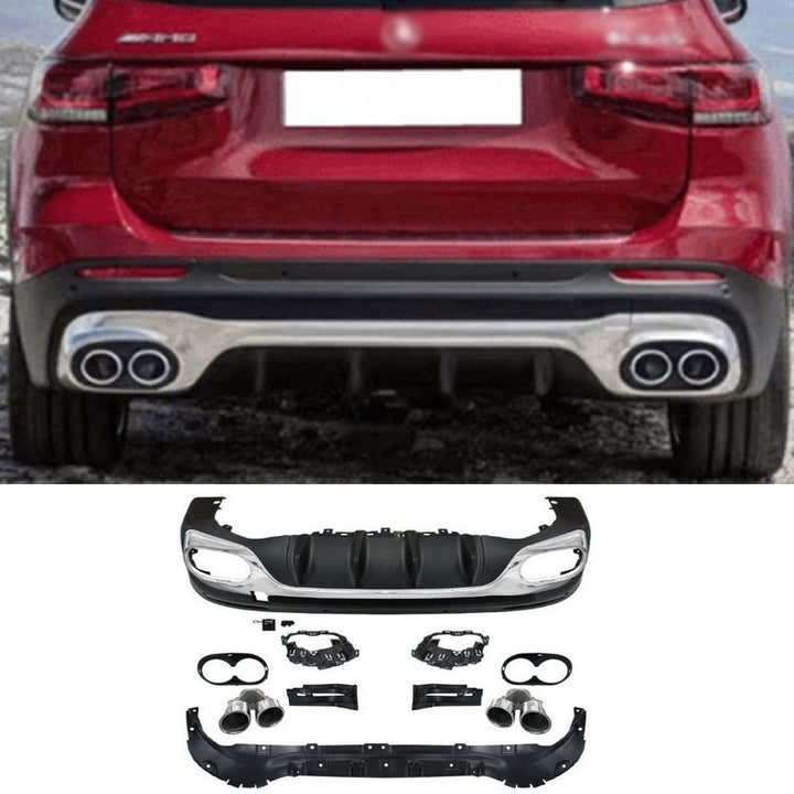 Car Craft Compatible With Mercedes Benz Glb W247 X247 2020-2024 Upgrade Convert To Glb45 Amg Bodykit Rear Bumper After Lip Diffuser Skirt With Exhaust Pipe Tip Silver Gc X247-010 Gc X247-011