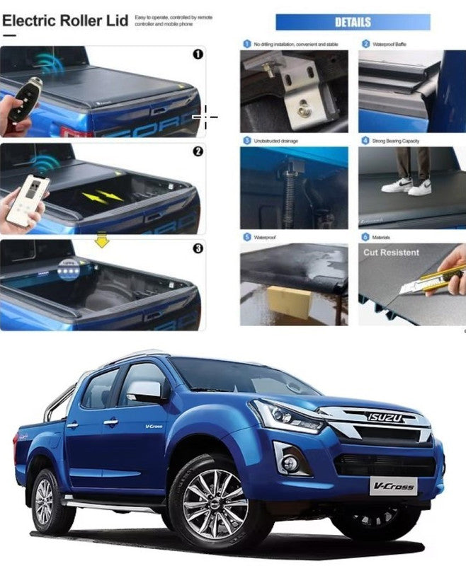Car Craft Compatible With Isuzu D-max V Cross 2019-2025 Shutter Rear Truck Bed Retractable Lid Tonneau Tray Cover Roller Back Rear Hand Controlled By Electric Remote Or App - CAR CRAFT INDIA