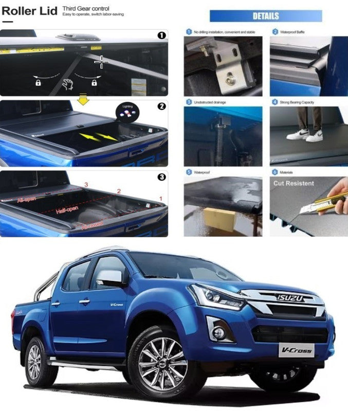 Car Craft Compatible With Isuzu D-max V Cross 2019-2025 Shutter Rear Truck Bed Retractable Lid Tonneau Tray Cover Roller Back Rear Hand Manual Controlled By Manual Push-pull Rope - CAR CRAFT INDIA