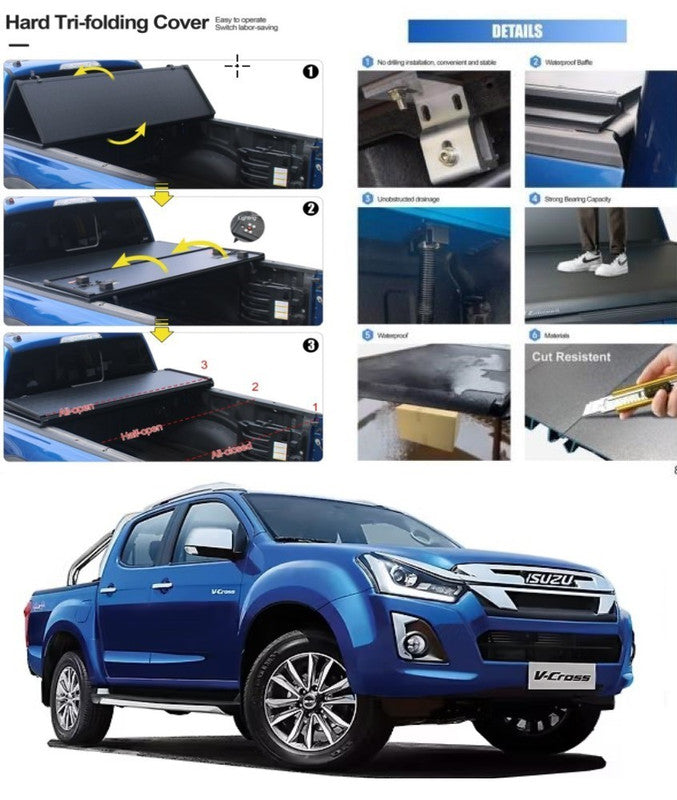 Car Craft Compatible With Isuzu D-max V Cross 2019-2025 Shutter Rear Truck Bed Retractable Lid Tonneau Tray Cover Roller Back Rear Hand Controlled By Hand Manaul Tri Fold Folding - CAR CRAFT INDIA