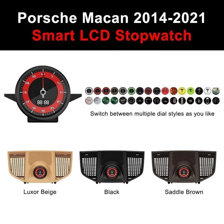 Car Craft Compatible With Porsche Macan 95b 2014-2021 New Upgrade Lcd Car Stopwatch Stop Watch Interior Dashboard Central Clock Compass Time Electronic Meter Brown