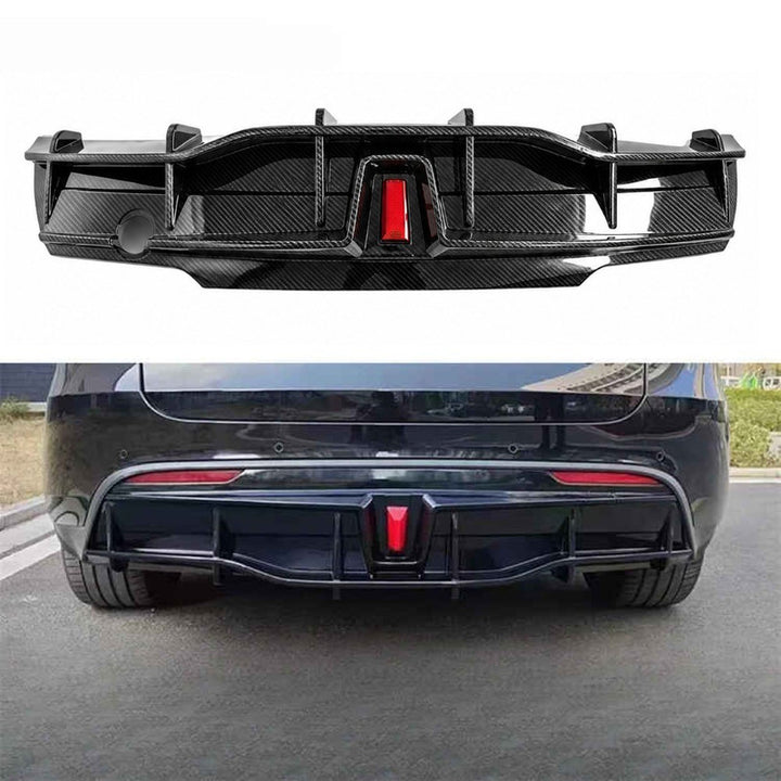 Car Craft Compatible With Tesla Modle Y 2017-2026 Rear After Bumper Lip Diffuser Skirt Trim F1 Led Light Style Carbon Fiber Look