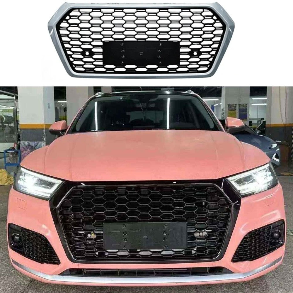 Car Craft Compatible With Audi Q5 B9 2018-2020 Upgraded Front Bumper Show Grill Rsq5 Rs Sport Style Silver Frame Black Mesh All Logo Silver License Plate Eu Version Q5-002 Gc Silver