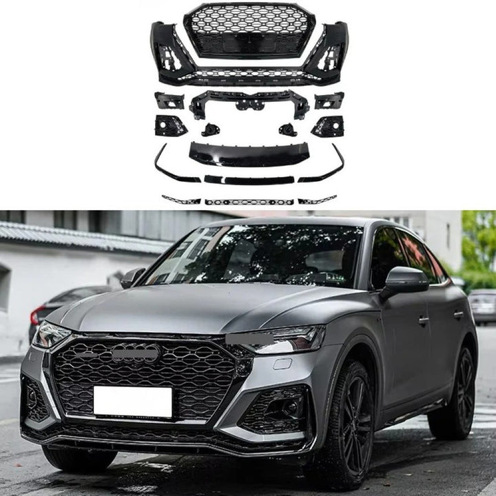 Car Craft Compatible With Audi Q5 2021-2025 Upgraded Facelift Convert To Rsq5 Sq5 Sport Bodykit Bumper Grill Lip Fog Lamp Light Grill With Acc Cover Skirt Trim Q5-009 Gc Front Bumper Black Strip Black Frame Black