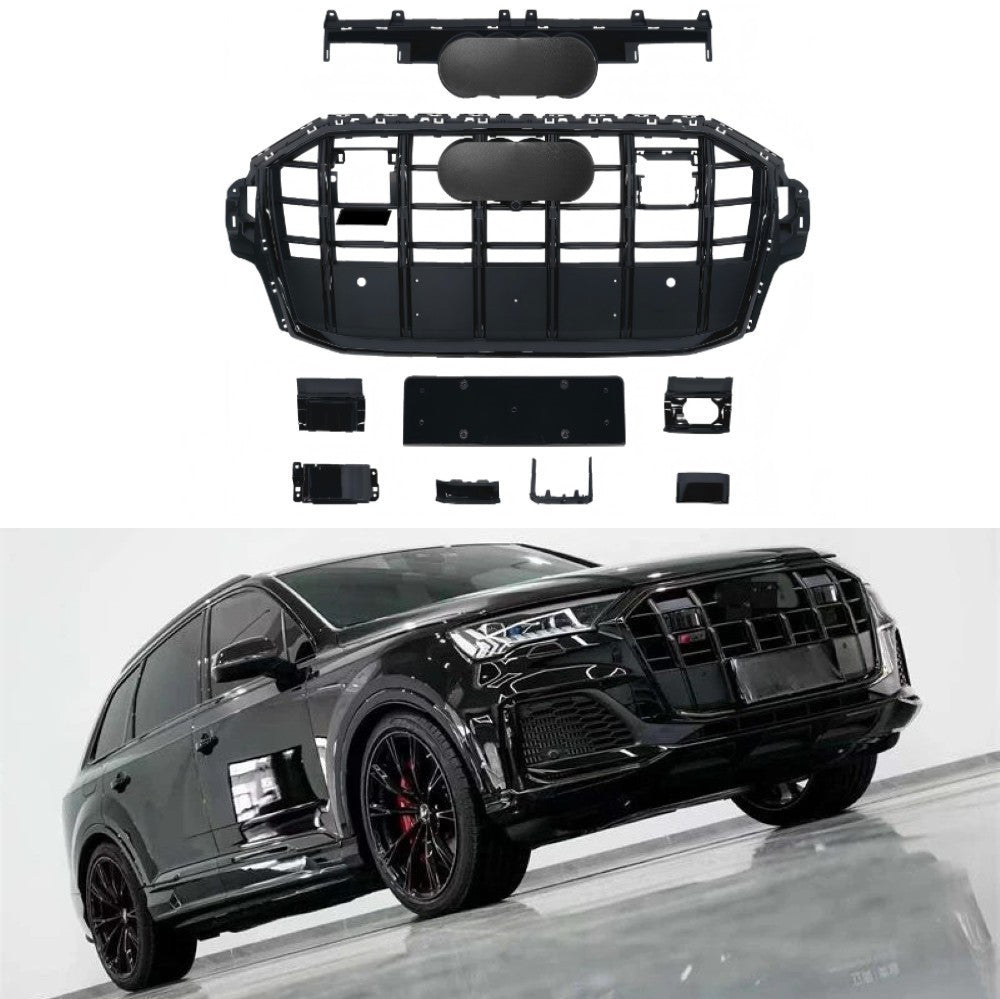 Car Craft Compatible With Audi Q7 2021-2023 Upgraded Front Bumper Show Grill Rsq7 Rs Sport With Acc Glossy Black Frame Black Strip All Logo Silver License Plate Eu Version Q7-003 Gc