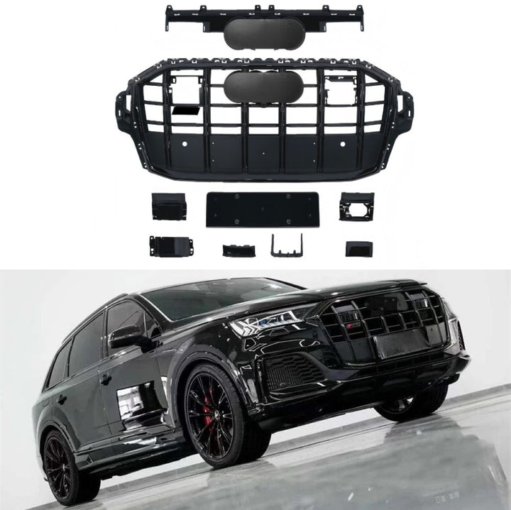 Car Craft Compatible With Audi Q7 2021-2023 Upgraded Front Bumper Show Grill Rsq7 Rs Sport With Acc Glossy Black Frame Black Strip All Logo Silver License Plate Eu Version Q7-003 Gc