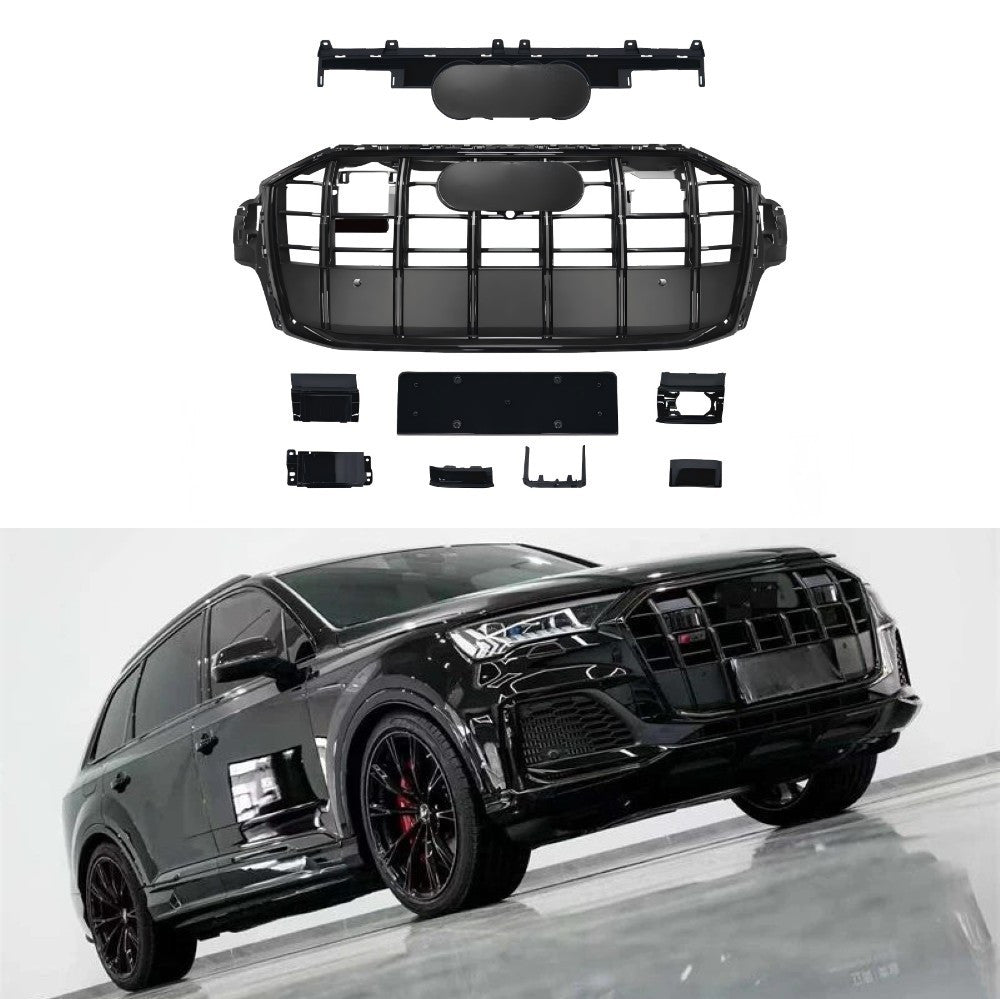 Car Craft Compatible With Audi Q7 2021-2023 Upgraded Front Bumper Show Grill Rsq7 Rs Sport With Acc Matte Black Frame Black Strip All Logo Silver License Plate Eu Version Q7-002 Gc