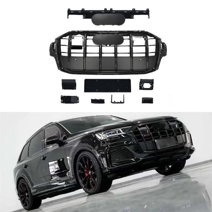 Car Craft Compatible With Audi Q7 2021-2023 Upgraded Front Bumper Show Grill Rsq7 Rs Sport With Acc Matte Black Frame Black Strip All Logo Silver License Plate Eu Version Q7-002 Gc