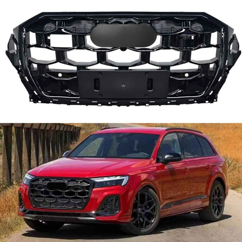 Car Craft Compatible With Audi Q7 2024+ Upgraded Front Bumper Show Grill Rsq7 Rs Sport With Acc Glossy Black Frame Black Strip All Logo Silver License Plate Eu Version Q7-009 Gc