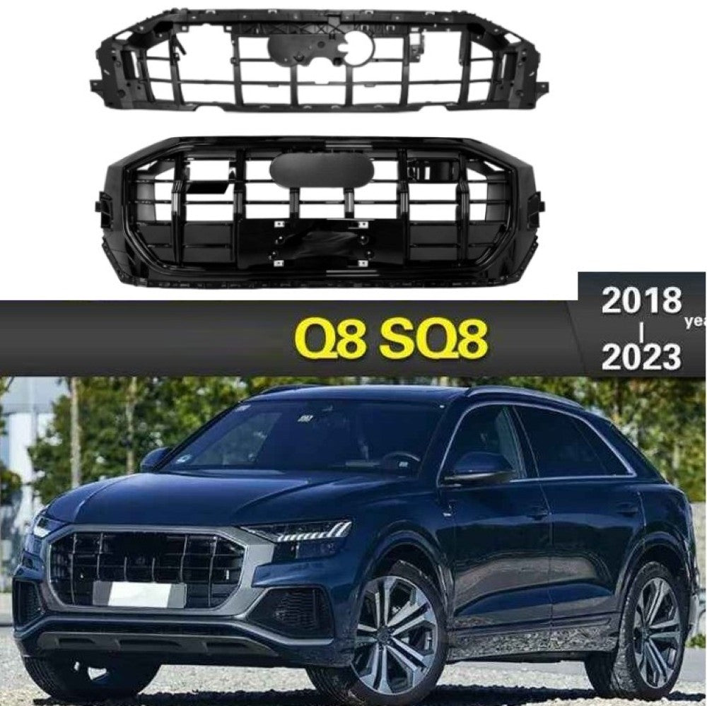 Car Craft Compatible With Audi Q8 2019-2023 Rsq8 Upgraded Front Bumper Show Grill Q8 Rsq8 Rs Sport Style With Acc Black Frame Black Mesh All Logo Silver Q8-006 Gc - CAR CRAFT INDIA