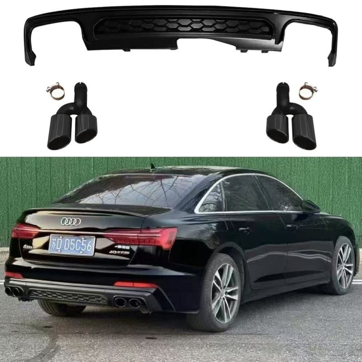 Car Craft Compatible With Audi A6 C8 2019-2025 S6 Bumper Rear After Lip Diffuser With Exhust Pipe Overseas Edition Black A6-097 Gc