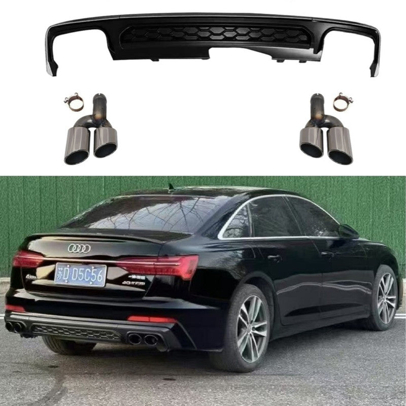 Car Craft Compatible With Audi A6 C8 2019-2025 S6 Bumper Rear After Lip Diffuser With Exhust Pipe Overseas Edition Silvery A6-096 Gc