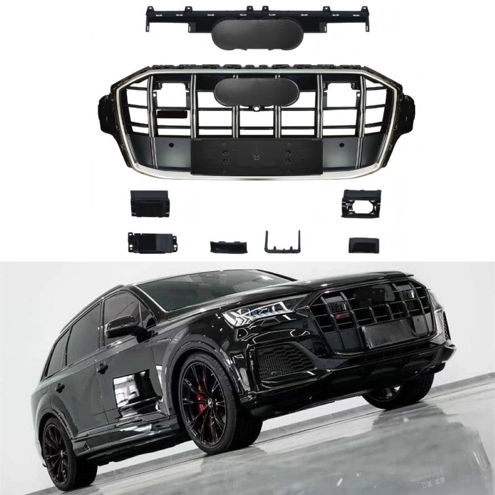 Car Craft Compatible With Audi Q7 2021-2023 Upgraded Front Bumper Show Grill Rsq7 Rs Sport With Acc Matte Black Frame Silver Strip All Logo Silver License Plate Eu Version Q7-001 Gc