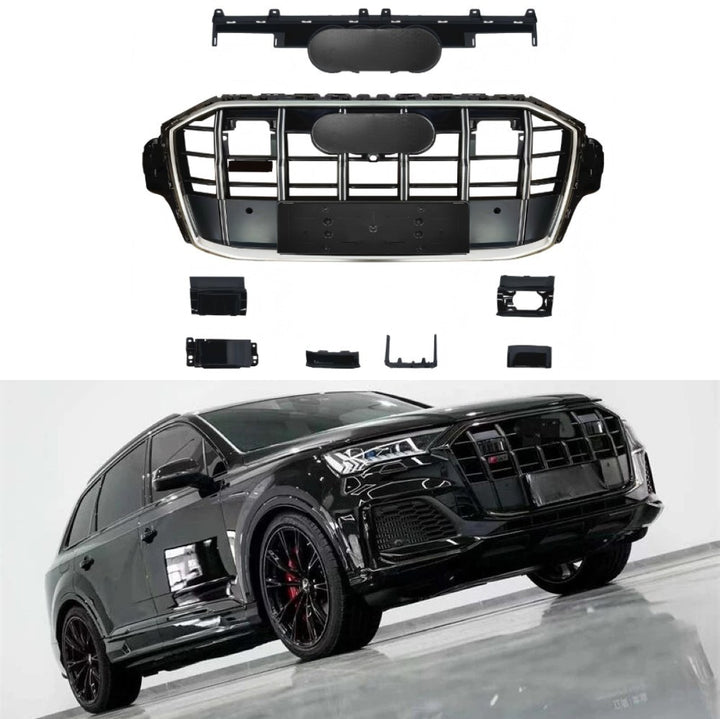 Car Craft Compatible With Audi Q7 2021-2023 Upgraded Front Bumper Show Grill Rsq7 Rs Sport With Acc Matte Black Frame Silver Strip All Logo Silver License Plate Eu Version Q7-001 Gc