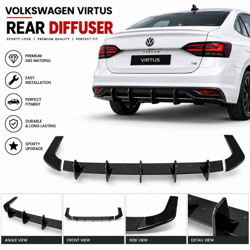 Car Craft Compatible With Volkswagen Vw Virtus 2023-2026 Car Rear After Bumper Lip Diffuser Skirt Trim Blade Style Black