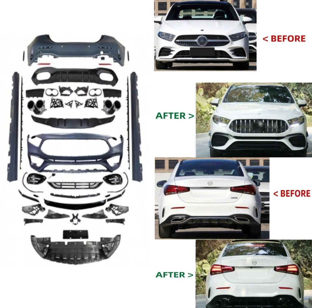 Car Craft Compatible With Mercedes Benz A Class W177 2018-2024 Front Rear Bumper Side Skirt Diffuser Exhaust Tip Upgrade Convert To Amg Amg45s Bumper Bodykit W177-017