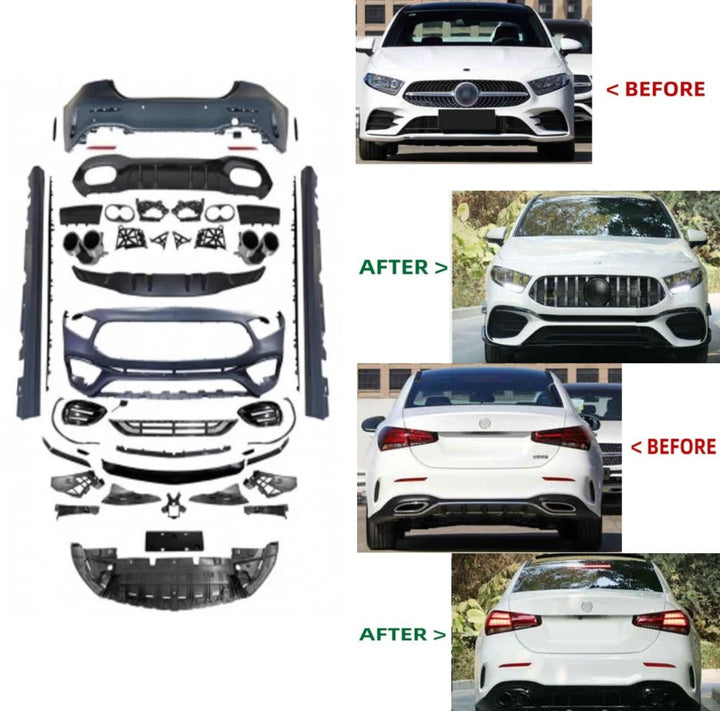 Car Craft Compatible With Mercedes Benz A Class W177 2018-2024 Front Rear Bumper Side Skirt Diffuser Exhaust Tip Upgrade Convert To Amg Amg45s Bumper Bodykit W177-017