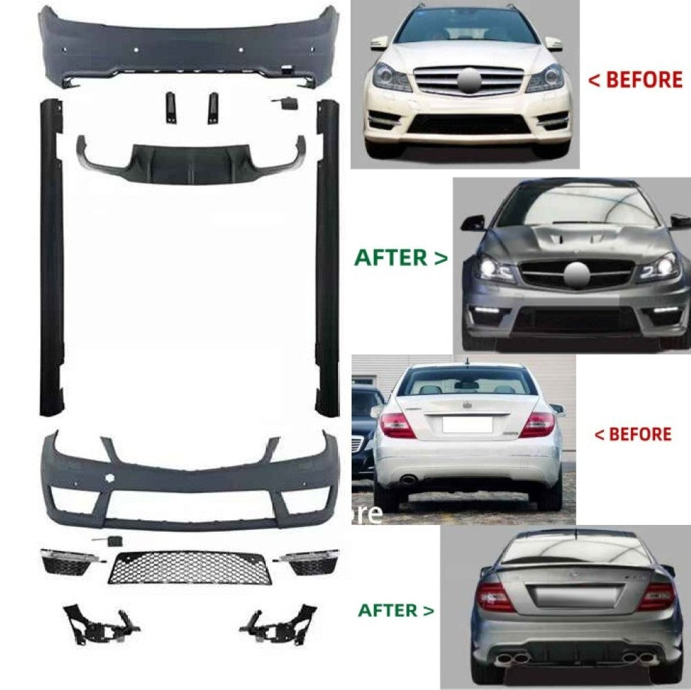 Car Craft Compatible With Mercedes Benz C Class W204 2011-2014 Front Rear Bumper Upgrade Convert To Amg C63 Amg Bumper Bodykit Diffuser Skirts W204-015