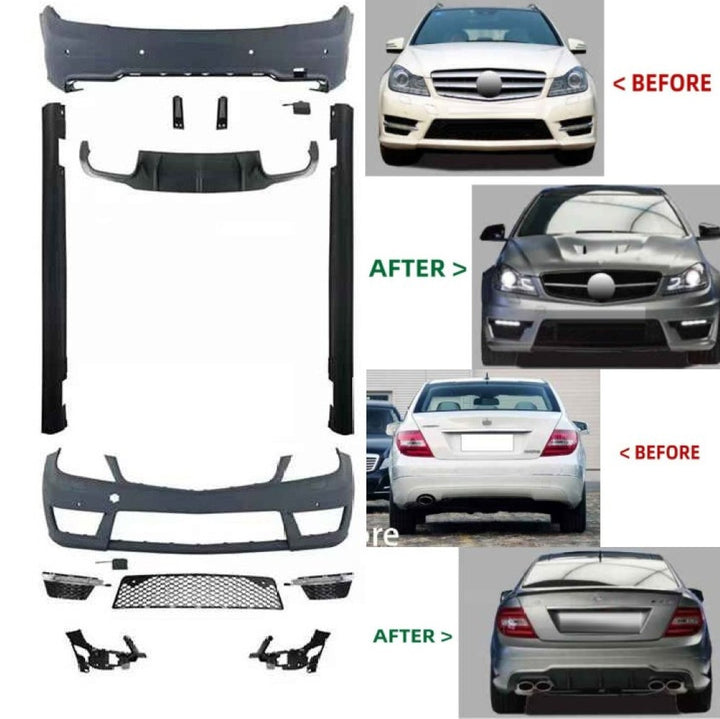 Car Craft Compatible With Mercedes Benz C Class W204 2011-2014 Front Rear Bumper Upgrade Convert To Amg C63 Amg Bumper Bodykit Diffuser Skirts W204-015