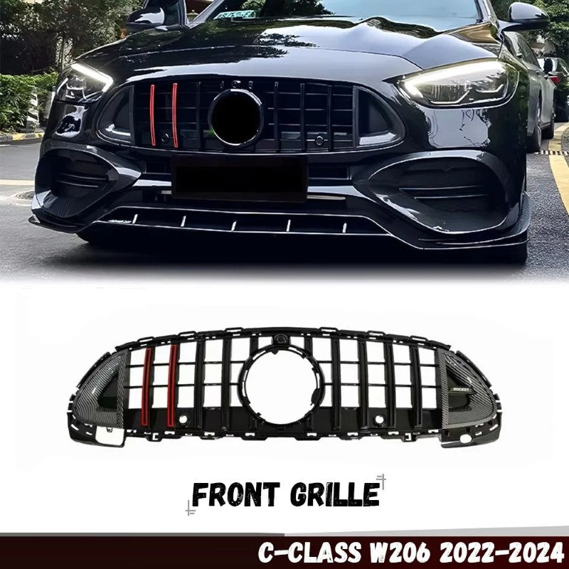 Car Craft Compatible With Mercedes Benz C Class W206 2021-2025 Amg Front Bumper Show Grill Brabus Bbs Style Carbon Fiber Look Red - CAR CRAFT INDIA