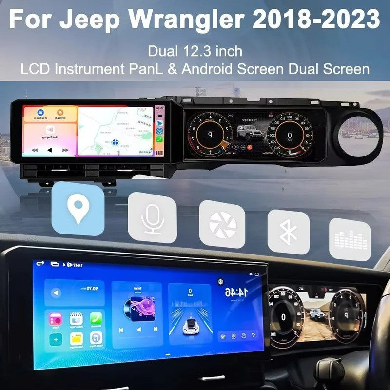 Car Craft Compatible With Jeep Wrangler Rubecorn 2018-2022 Digital Android Multimedia Infotainment Player Cluster Speedomeeter With Carplay 4gb+64gb Dual Screen Black