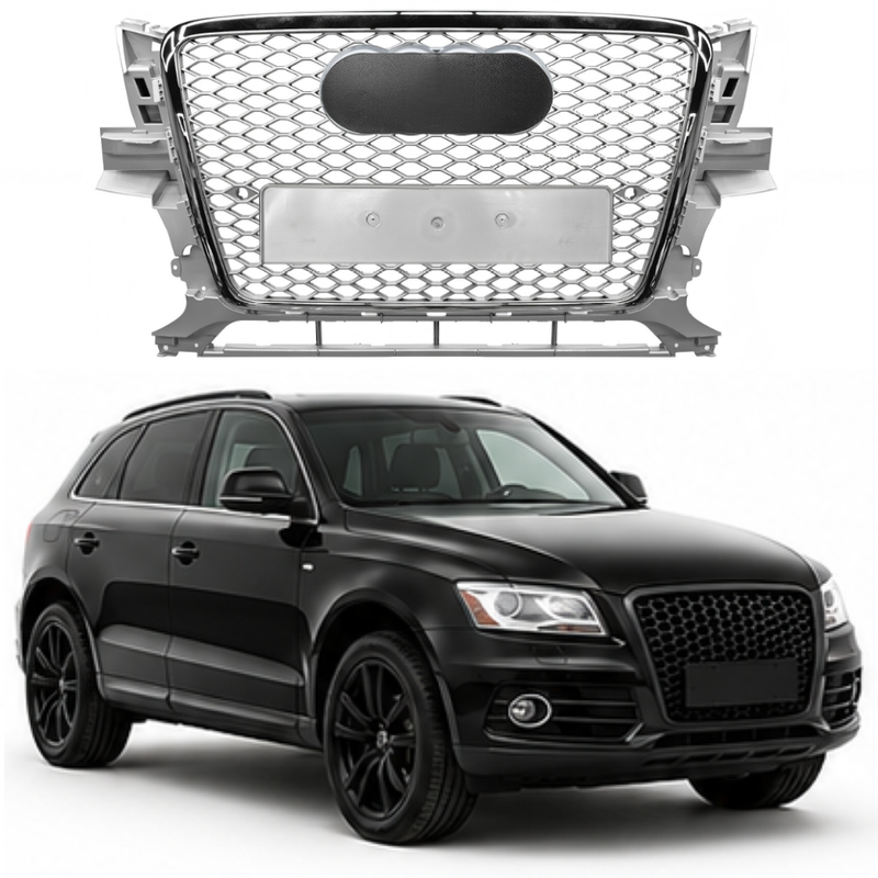 Car Craft Compatible With Audi Q5 2008-2012 Upgraded Front Bumper Show Grill Rsq5 Rs Sport Style Silver Frame Black Mesh All Logo Silver License Plate Eu Version Q5-014 Gc Silver Black