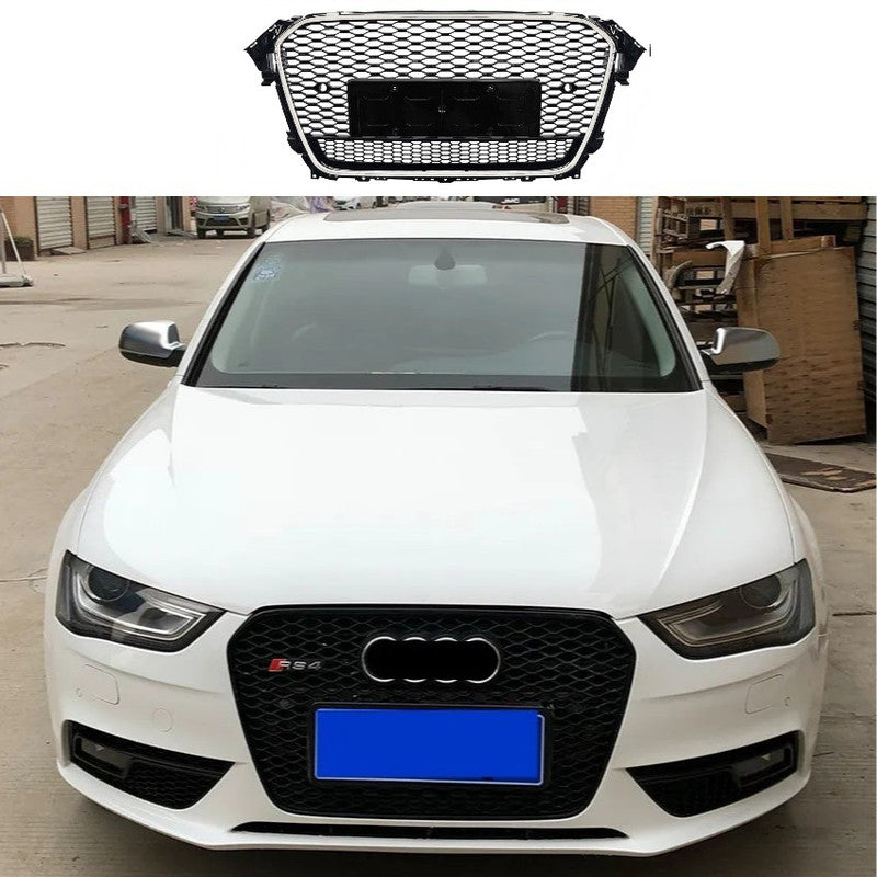 Car Craft Compatible With Audi A4 B8.5 2013-2016 Upgraded Front Bumper Show Grill Rs4 S4 Rs Sport Style Silver Frame Black Mesh All Logo Silver License Plate Eu Version Nlg Qt A4-015 Gc